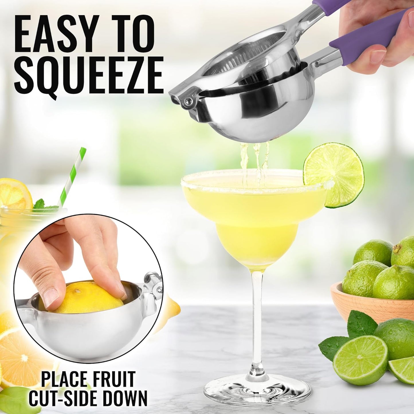 Zulay Lemon Squeezer Stainless Steel with Premium Heavy Duty Solid Metal Squeezer Bowl and Food Grade Silicone Handles - Large Manual Citrus Press Juicer and Lime Squeezer Stainless Steel (Purple)