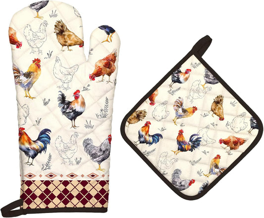 Roosters Oven Mitts and Pot Holders Sets 2Pcs, 100% Cotton Heat Resistant, Extra Long Oven Gloves Potholder for Kitchen Cooking Baking Decoration