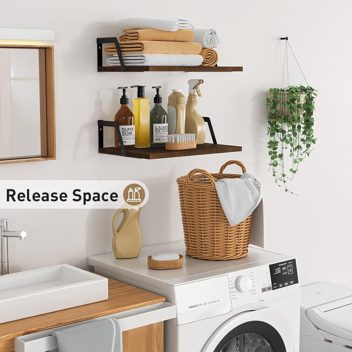 SRIWATANA Floating Shelves Wall Mounted Set of 2 Rustic Wood Shelves with Large Capacity(Dark Walnut)