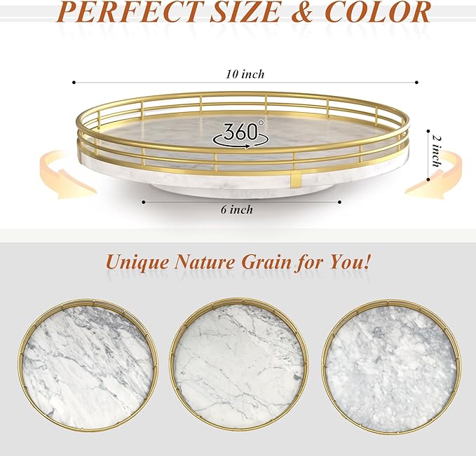 White Marble Lazy Susan Turntable for Table Top – 10” Round Marble Tray Organizer for Bathrroom, Vanity, Dining Table, Kitchen Countertop & Bar, Luxury Stone Serving Tray with Gold Frame
