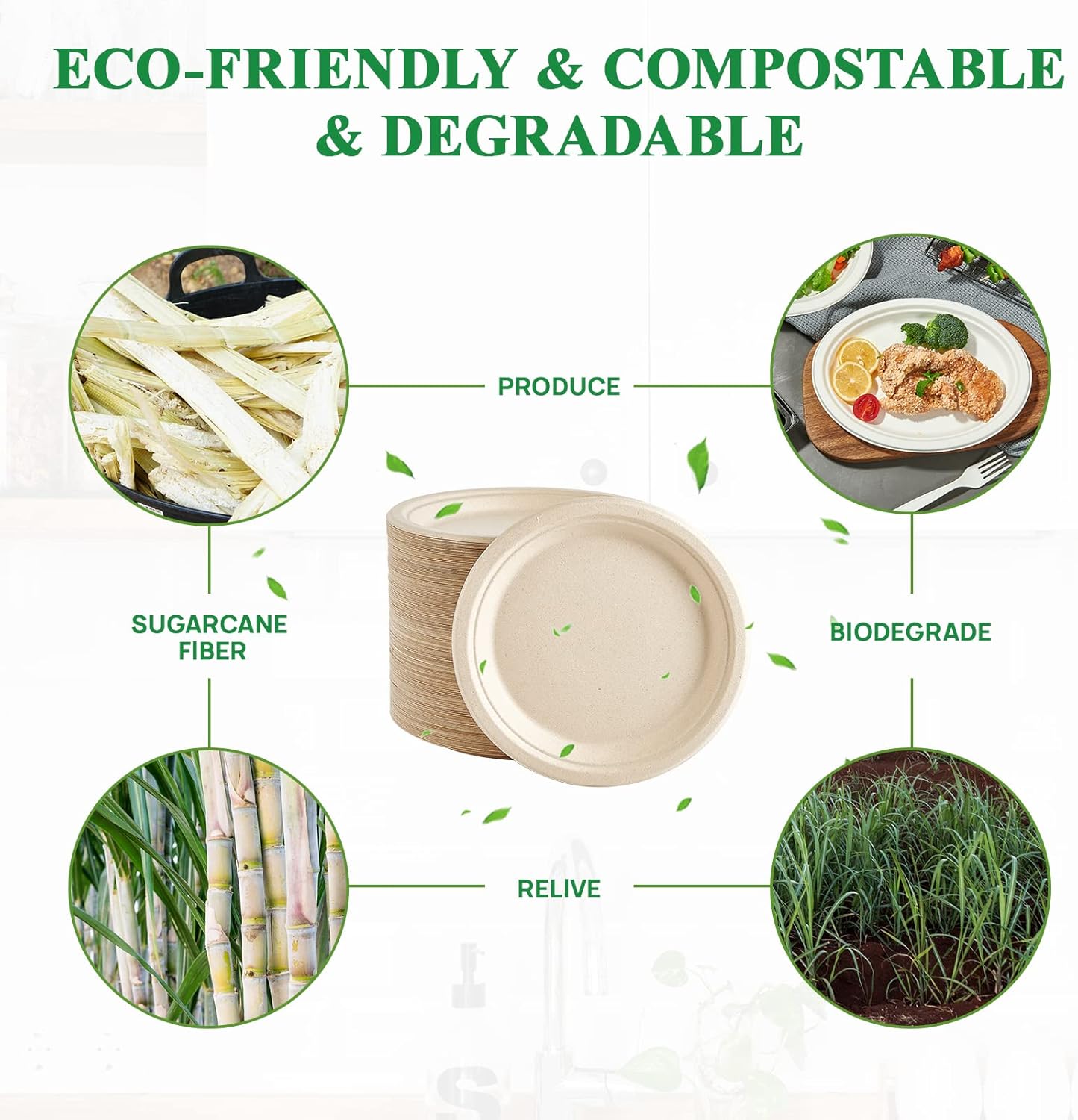 Vplus 150 Pack Paper Plates 9 inch 100% Compostable, Heavy-Duty Disposable Paper Plates Bagasse Natural Biodegradable Eco-Friendly Sugarcane
