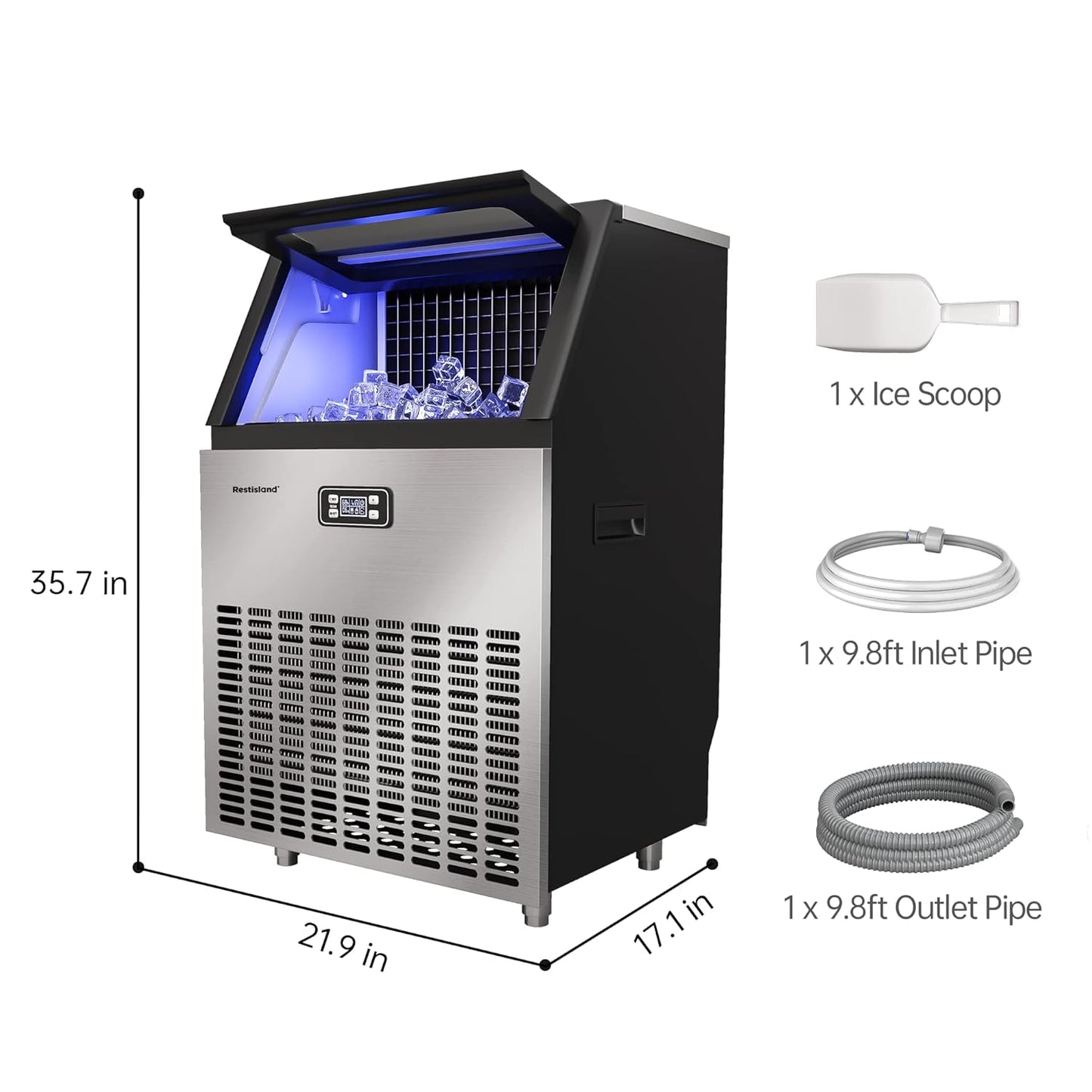 Commercial Ice Maker Machine, 270 lbs/24 Hours, 48 lbs Storage Bin, Stainless Steel, Blue Light, Freestanding, Great for Home or Business, Includes Ice Scoop, Connecting Hose