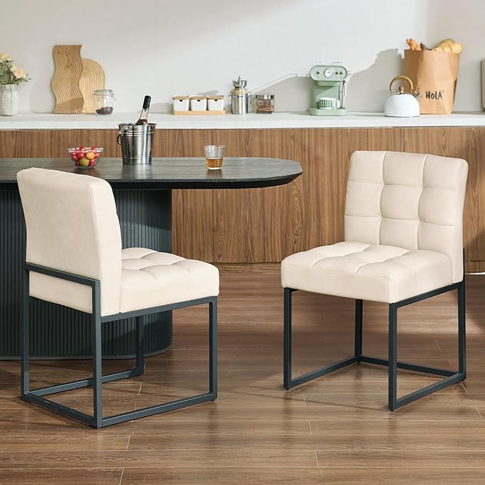 Beige Faux Leather Dining Chairs Set of 4, Mid-Century Modern Dining Room Chairs with Armless, Checkered Kitchen Chair with Metal Legs