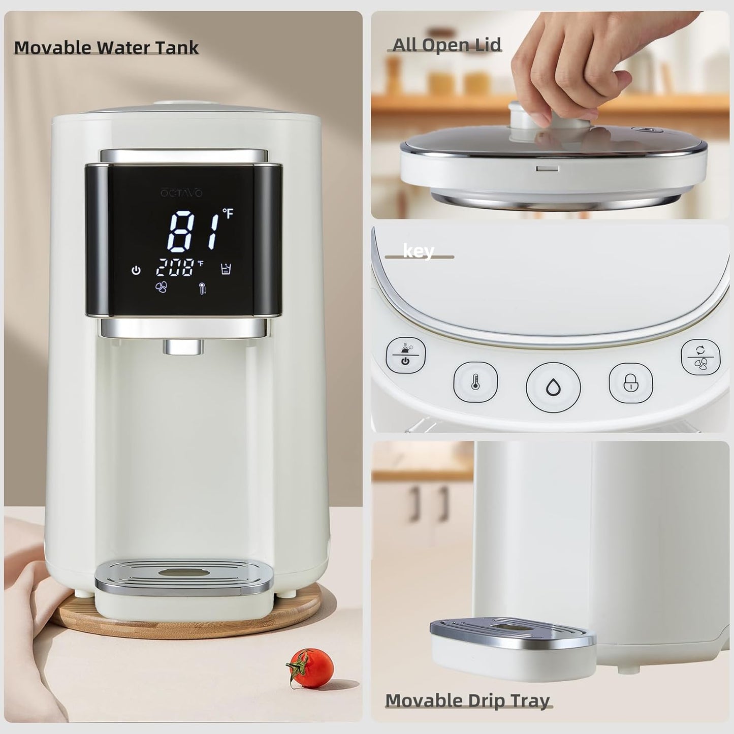 OCTAVO Water Boiler & Warmer 5 Liter, 304 Stainless Steel Water Tank, 700 Watt 6 Adjustable Water Temperature, LCD Touch Control Screen, Child Lock with Water Shortage Indicator