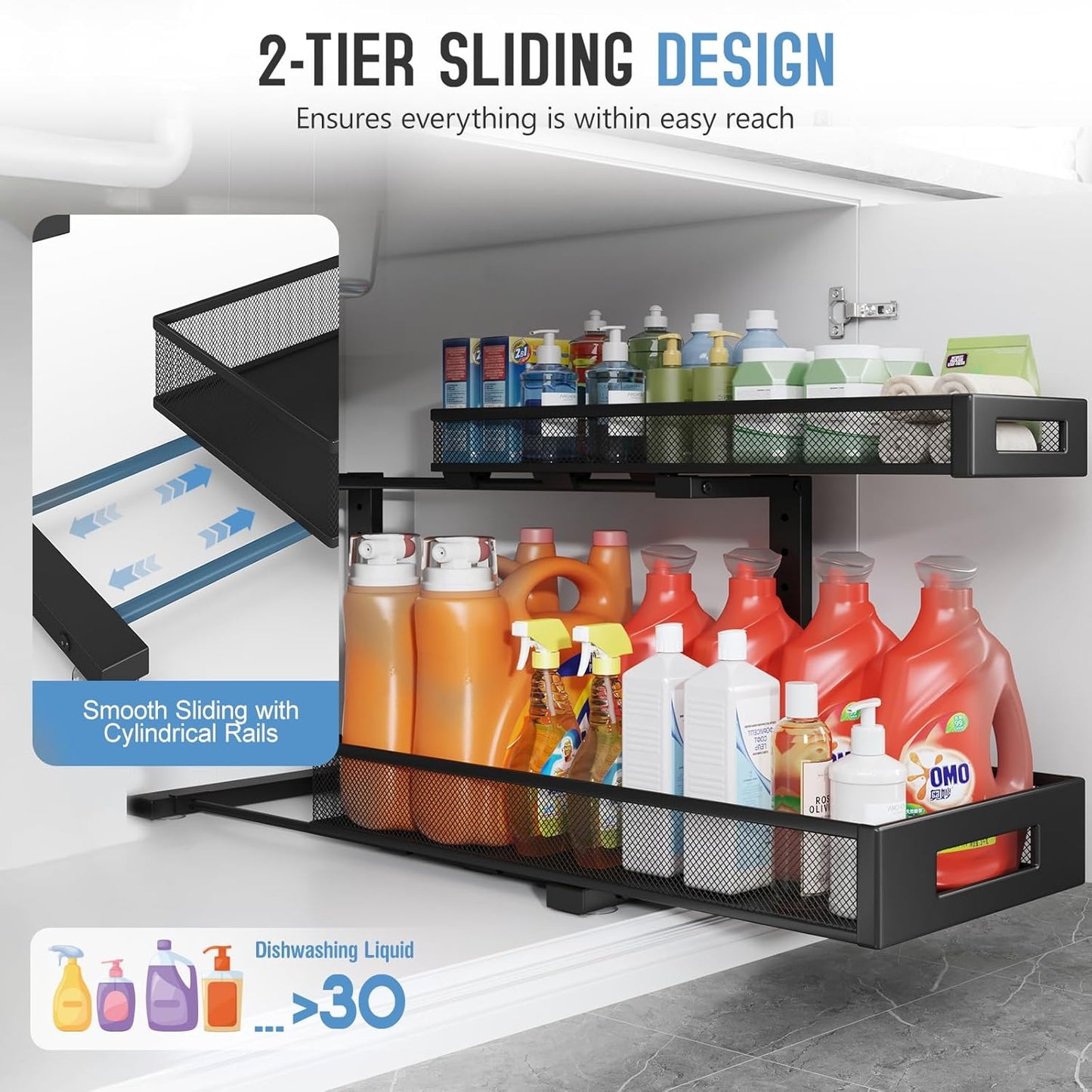 1 Pack 20.47IN Depth Under Sink Storage Organizer, Large 2-Tier Elegant Mesh Pull Out Shelf for Kitchen and Bathroom Cabinet Organization, L-Shaped and Adjustable Height Design-Black