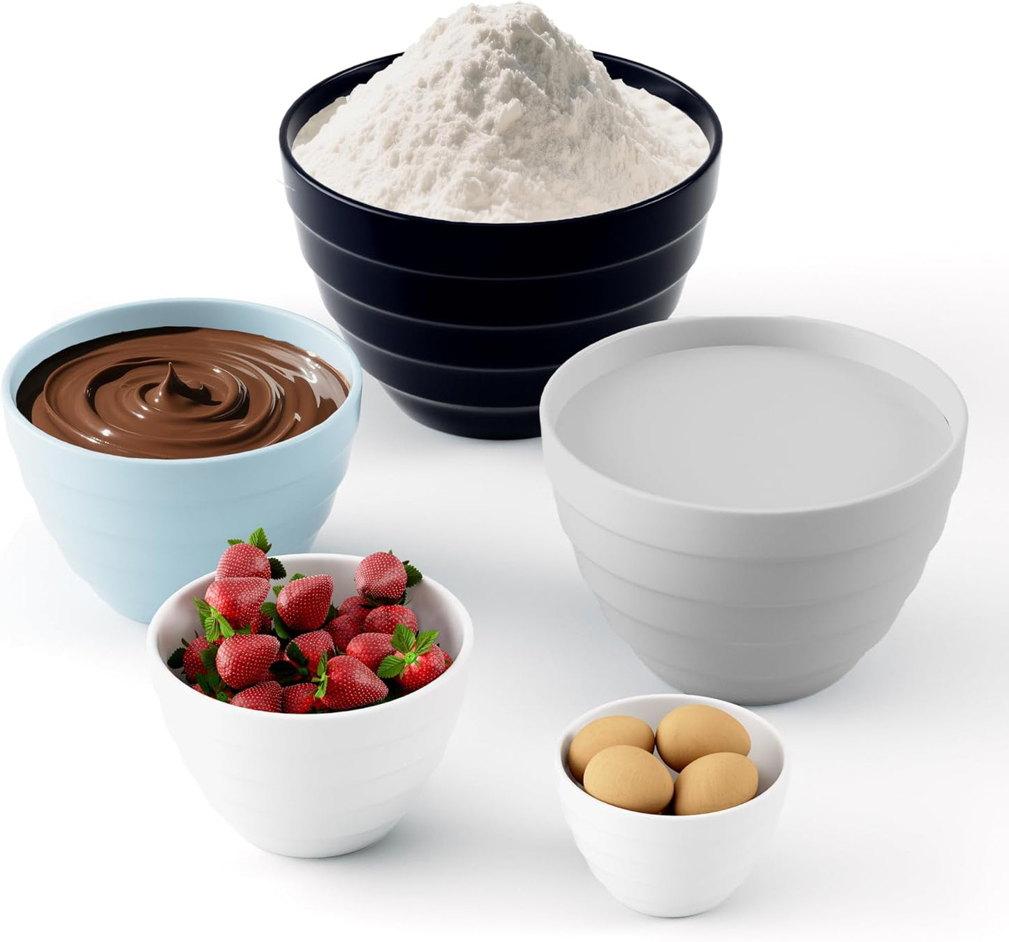 TP Mixing Bowls with Lids, 10-Piece Nesting Melamine Bowls Set for Prepping Serving Baking Cooking, Non Slip Bottom, Set of 5, Blue and White