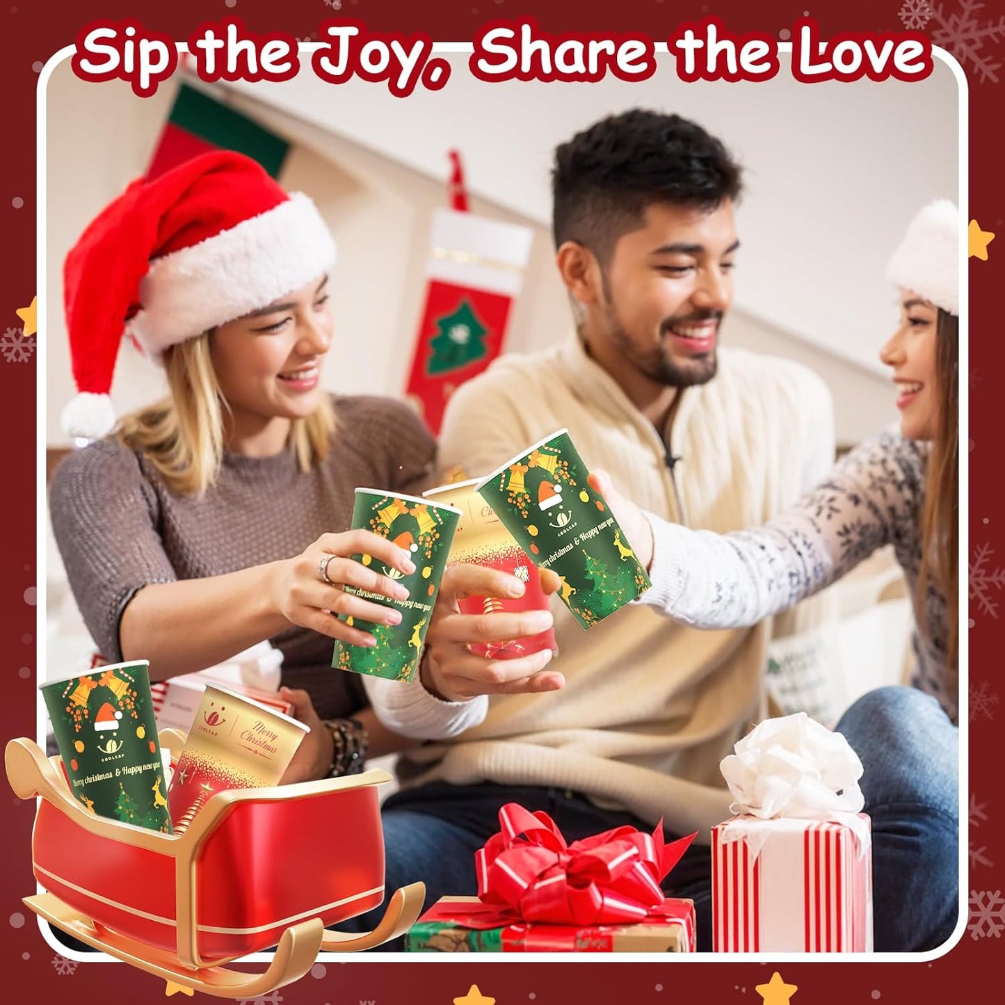 Christmas Coffee Cups, 50 Pack Party Decor, To Go Paper Hot Cups for Chocolate, Cocoa, Coffee (Red, 16 Ounce)