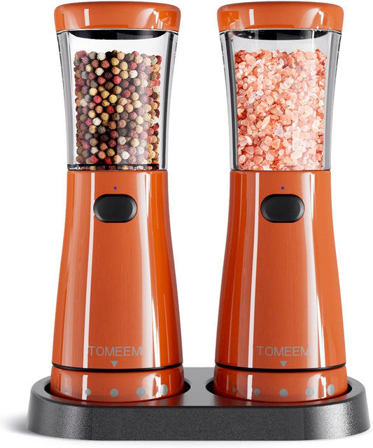 Electric Salt and Pepper Grinder Set with Storage Base, Stainless Steel Rechargeable Salt and Pepper Grinder Set with 4.5 oz Large Capacity, 1.8" Wide Mouth, Adjustable Coarseness, Ideal for Kitchen