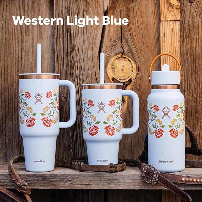 Hydro Flask Water Bottle - Insulated Stainless Steel - Wide Mouth Flex Straw Lid, Non Spill, Leakproof and Refillable in 32 Oz Western Light Blue