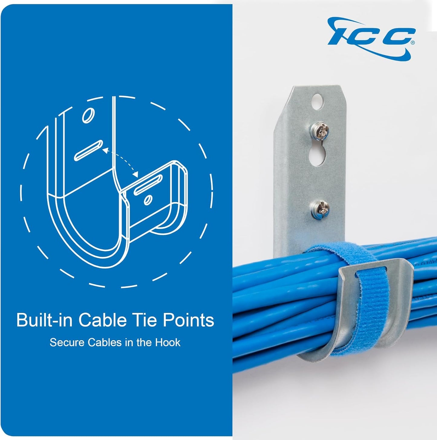 ICC 2-Inch Wall Mount J-Hook – 25-Pack, Cable Support Hooks with Retainer Clips, Galvanized Steel with Zinc Finish – for Structured Cabling and Cable Management