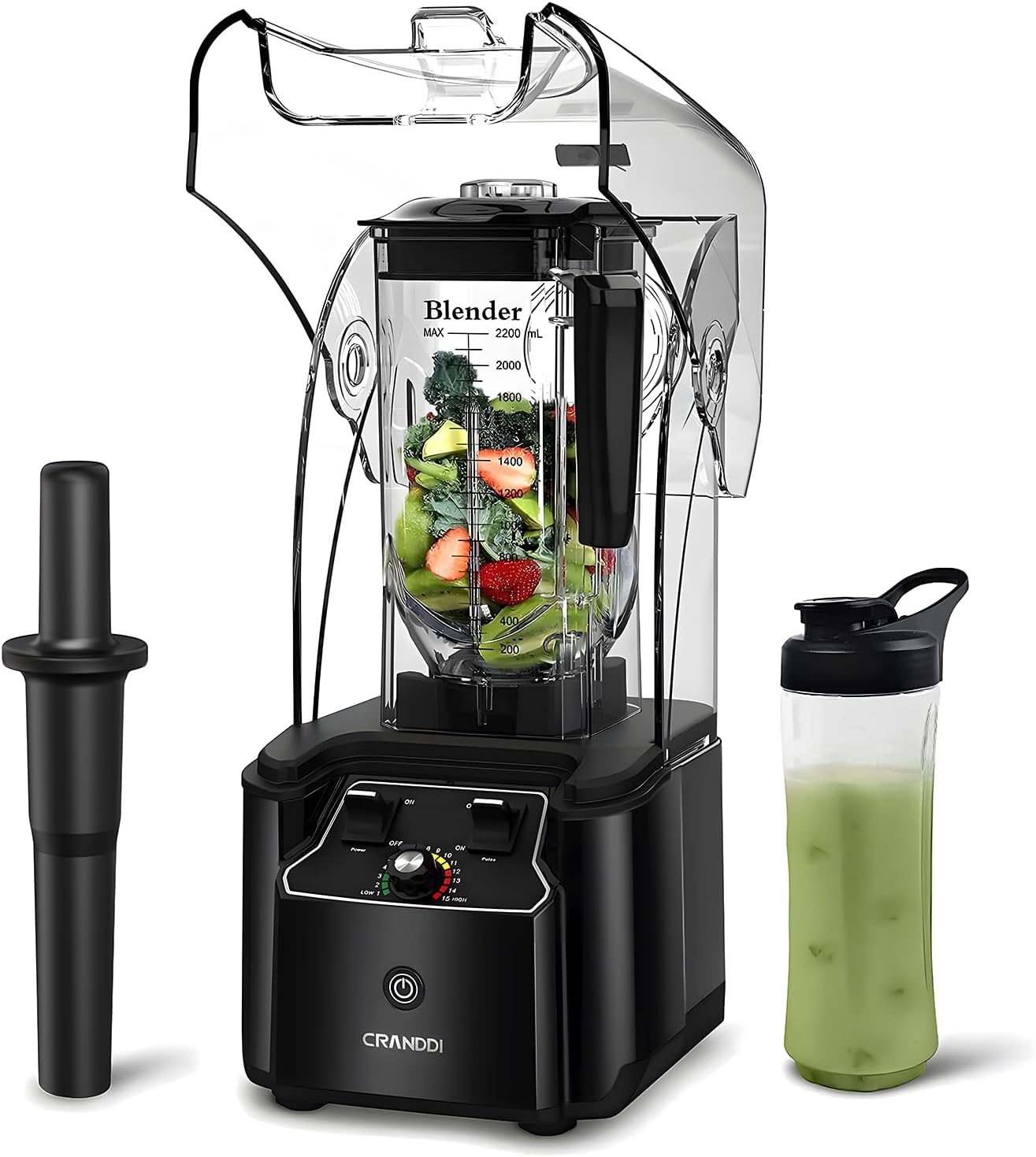 CRANDDI Quiet Commercial Blender with Soundproof Shield, 2200 Watt Professional Blenders for Kitchen with 80oz Jar and Self-Cleaning, High-Speed Blenders K90 Black