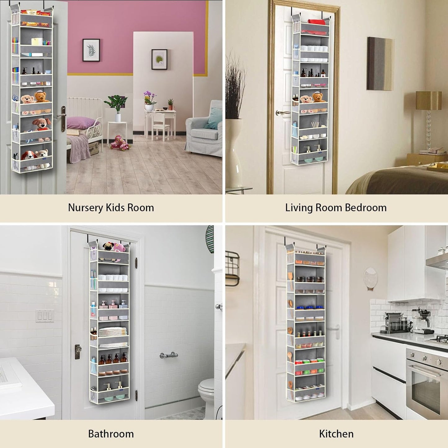 Over The Door Organizer 6-Shelves and 12 Side Pockets, Over The Door Storage for Bathroom Bedroom Nursery, Hanging Door Organizers for Baby Diapers and Kids Toys (13"x5"x54", Grey)