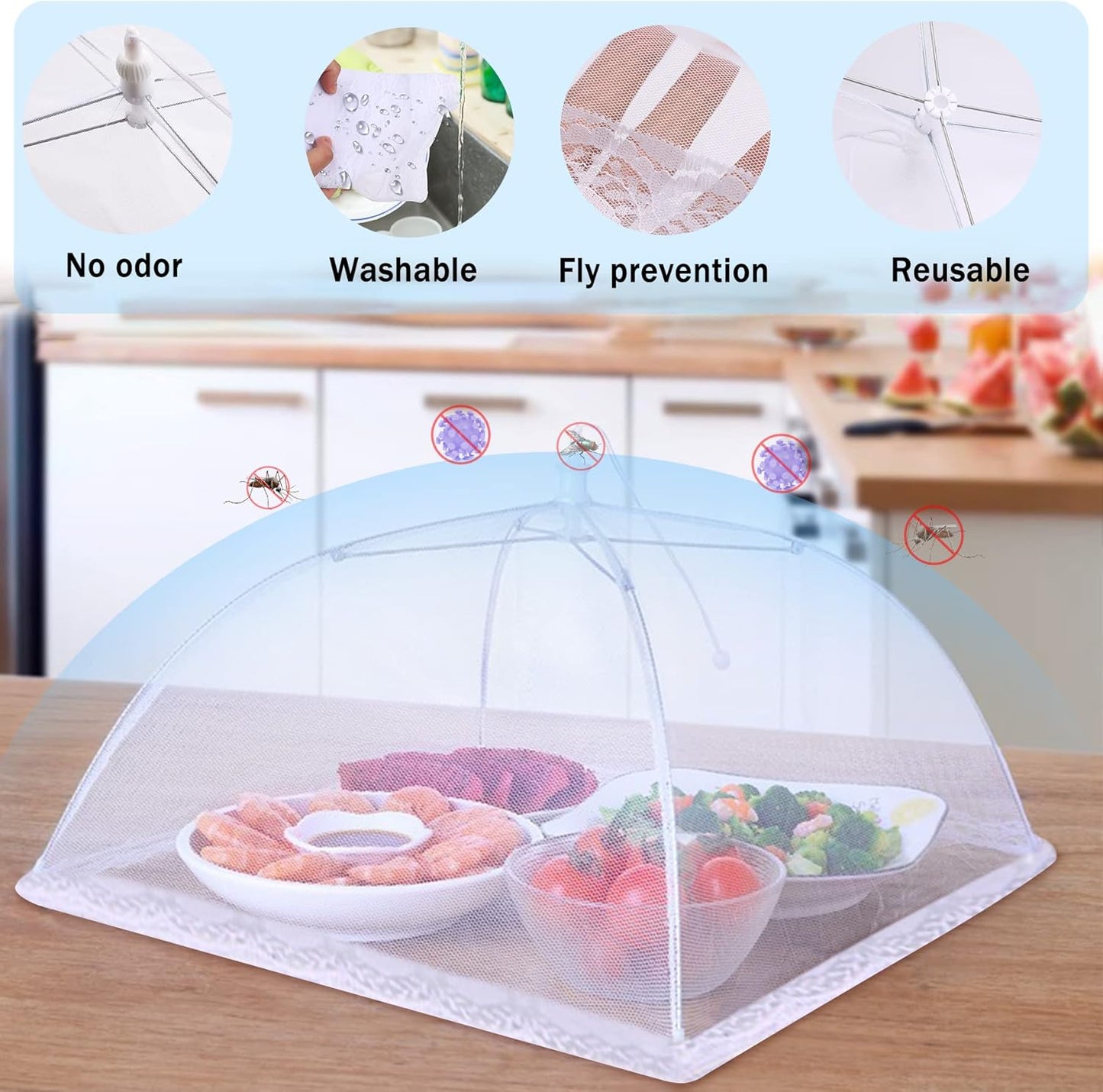 JULBEAR 4 Pcs Mesh Food Cover Tent Large and Tall Umbrella Food Screen Covers for Outside Pop-up Mesh Reusable Food Nets for Parties Picnics Outdoor BBQs Collapsible (2 Pcs 17"x17", 2 Pcs 14"x14")