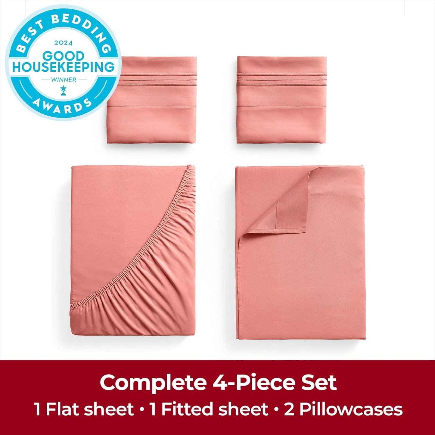 Mellanni Extra Deep Full Sheets - 4 PC Iconic Collection Bedding - Hotel Luxury, Ultra Soft, Cooling Bed Sheets - Wrinkle, Fade, Stain Resistant (Full, Coral)