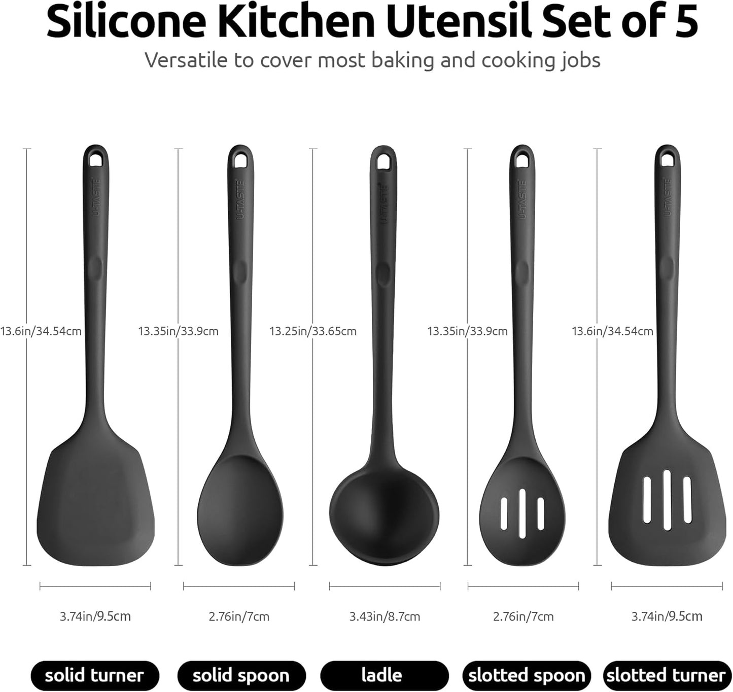Silicone Kitchen Cooking Utensil Set: U-Taste High Heat Resistant 13.6in Long Kitchen Gadgets, BPA Free Non Stick Rubber Cook Accessories For Stir Frying, Serving, Basting, Mixing (5 Pieces, Black)