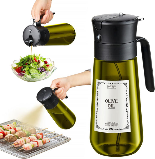 Glass Olive Oil Dispenser for Kitchen, 2 In 1 Oil Dispenser Bottle & Oil Sprayer for Cooking, Auto Flip Cap, 18oz Black (Light Blockage)