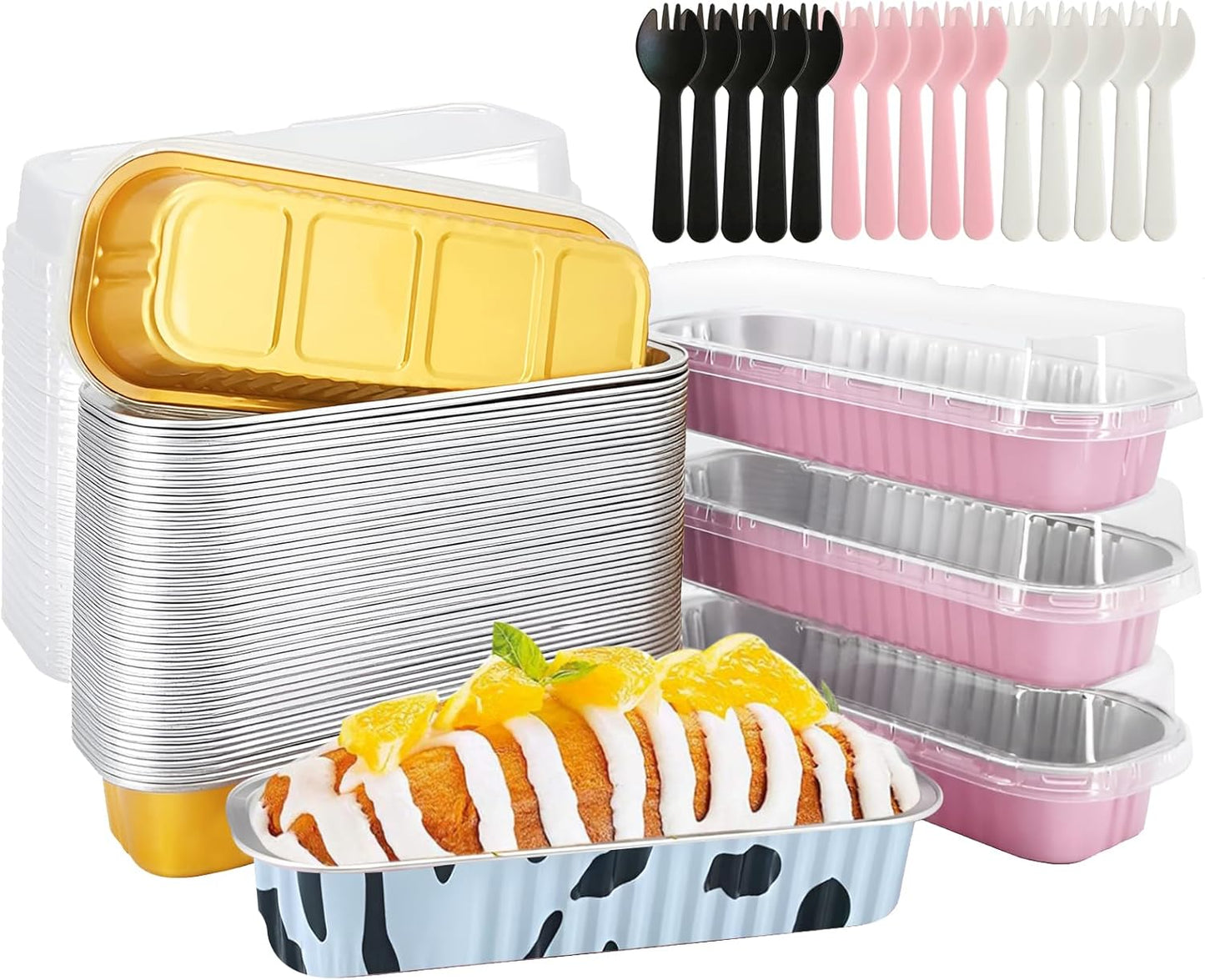 50 PCS Multiple colors Mini Loaf Pans with Lids and Spoons, 6.8oz Mini Cake Pans for Baking, Disposable Aluminum Foil Loaf Pans, Loaf Baking Pans for Party Individual Serving.