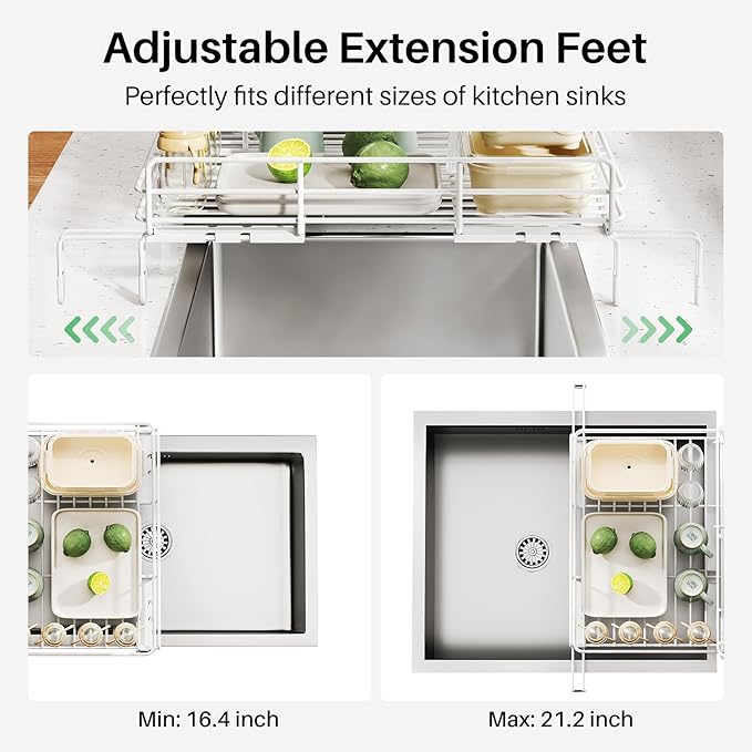 SNTD Dish Drying Rack - Extendable Dish Rack, Large Sink Drying Dish Drainer for Kitchen Counter, Stainless Steel Dish Strainer with Utensil Holder (White)