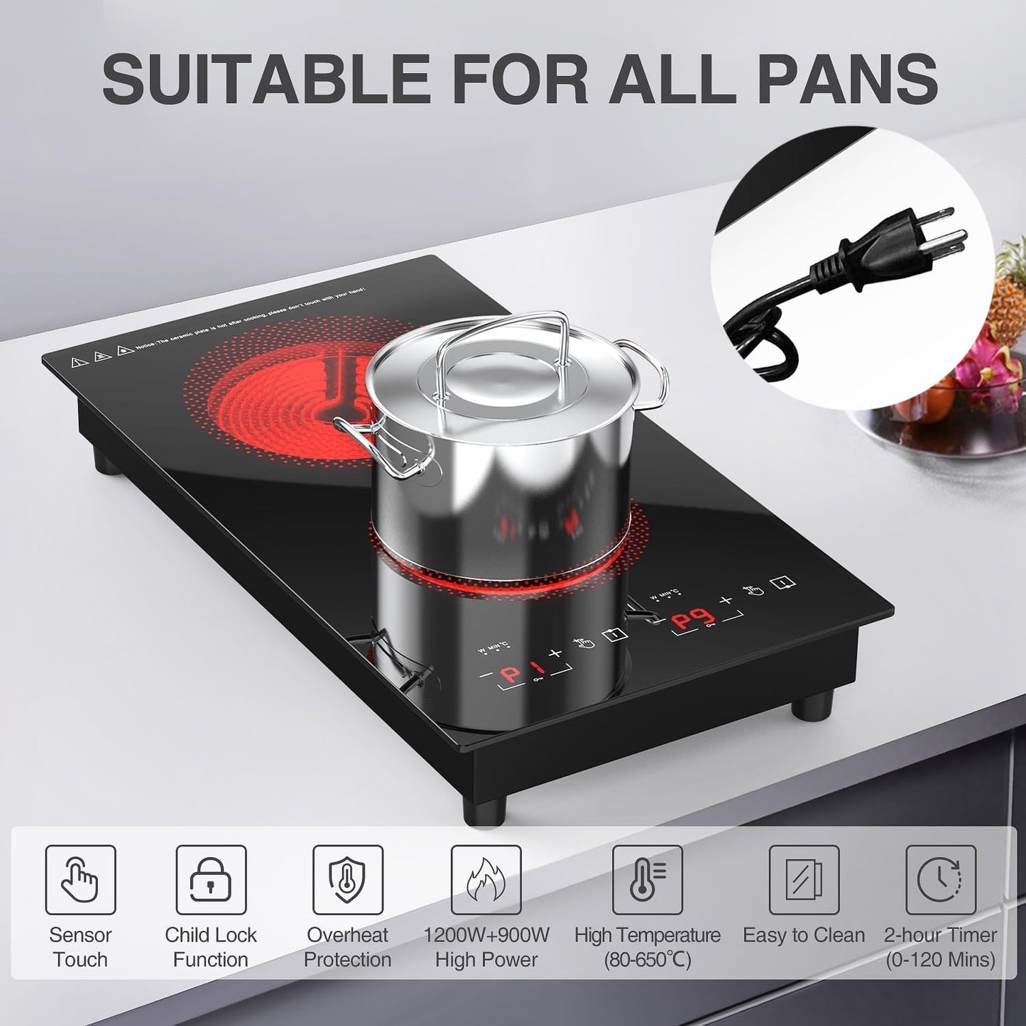 Portable Electric Hot Plate, 2 Burner Cooktop 110V/120V Plug-in, Infrared Stove Top for Cooking, LED Touch Control, Timer & Safety Lock for RV, Dorm, Apartment (Electric Cooktop 2 Burners A)