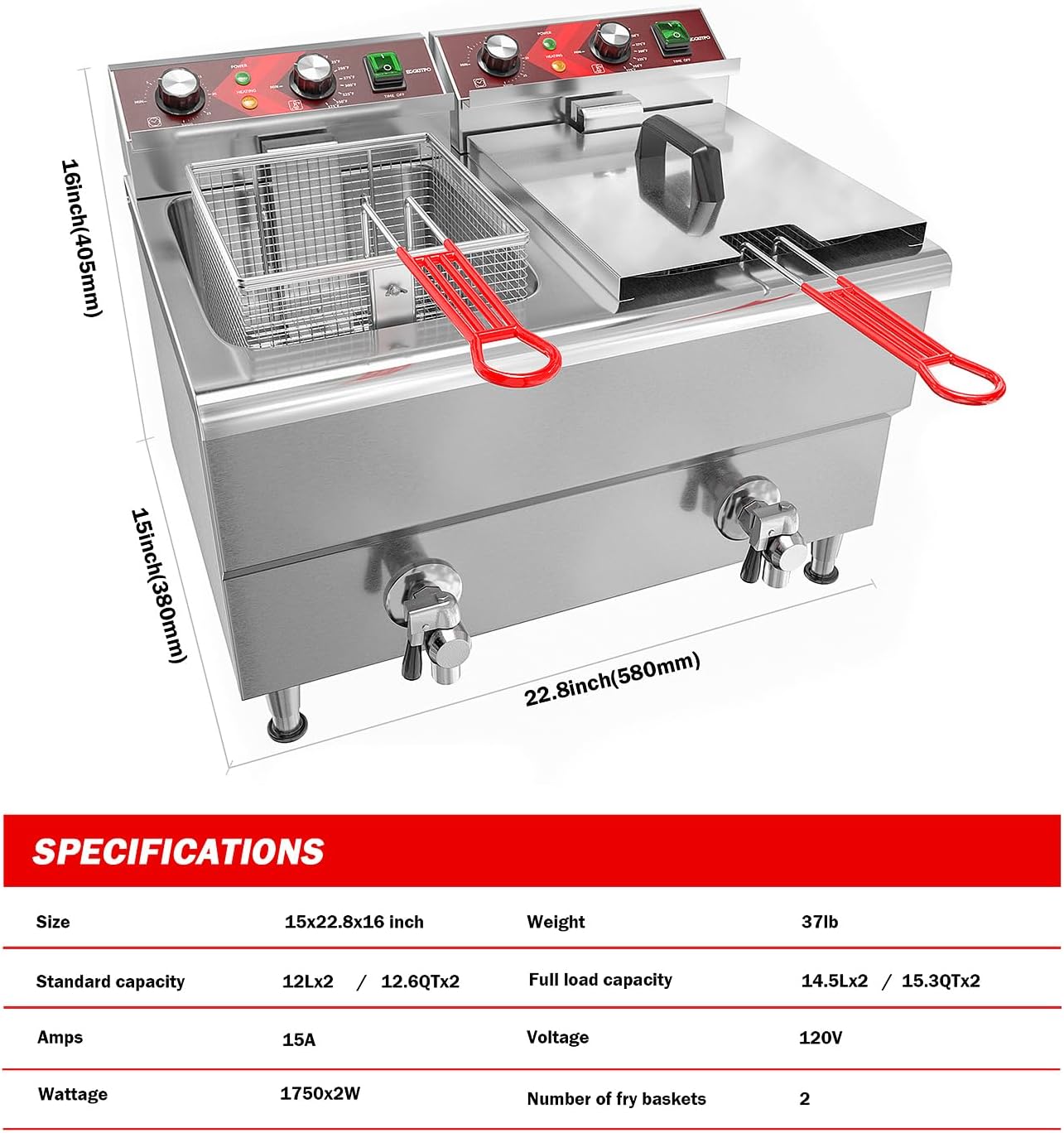 Commercial Fryer Stainless Steel Electric Deep Fryer with Oil Filtration and Timer 24L Large Capacity Dual Tank Fryer with Baskets and Lids Countertop Deep Fryer for Restaurant Use 120V 3500W