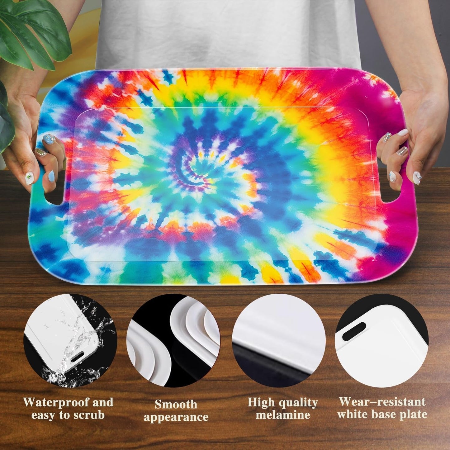 Serving Trays with Handles, 14.5 x 9.8 inch Rectangular Plastic Tray for Restaurant, Kitchen, Tie-Dye Colorful Spiral Patterns