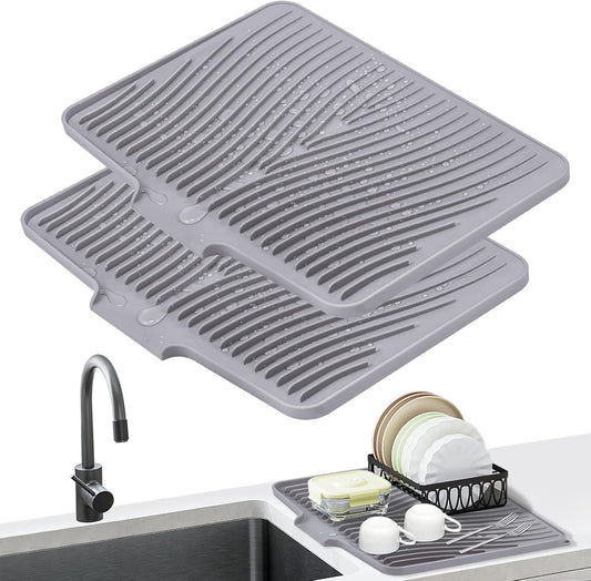 Dish Drying Mat, Stone Drying Mat for Kitchen Counter with Built-in Drain, Non-Slip Drying Matt Kitchen Counter, Heat Resistant Silicone Drying Mat, Dish Drying Pad, 2 Pcs(Grey 19.7" x 17")