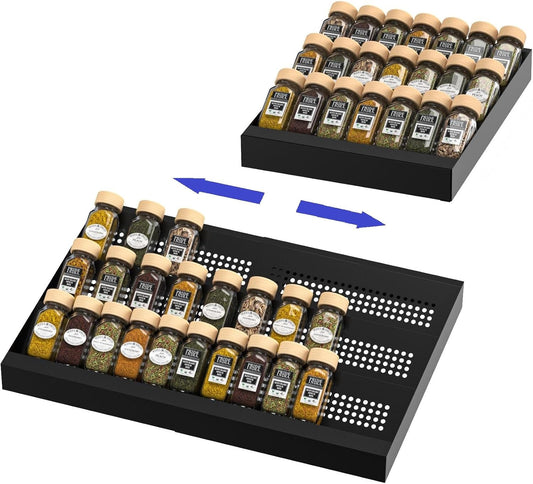 Expandable Metal Spice Drawer Organizer,3-Tier Slanted Seasoning Jars Tray for Kitchen Cabinet Drawers Insert/Countertop (Jars not included)-3Tier,2packs/Black