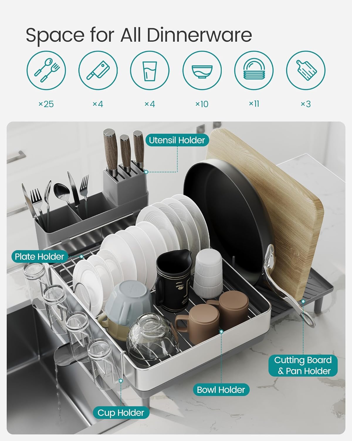 SONGMICS Large Dish Drying Rack, Expandable Dish Dryer for Kitchen Counter, Stainless Steel Dish Rack with Rotatable Spout, Utensil, Cup, Glass, Cutting Board, Pan Holders, Silver and Gray UKCS037G01