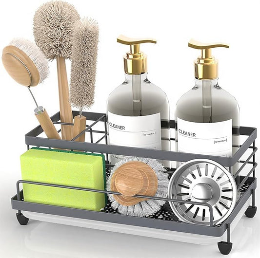 Cisily Gray Sponge Holder for Kitchen, Sink Caddy Sink Organizer Rack for Kitchen Accessories with Drip Tray, Rustproof and Non-slip, Soap Dispenser Countertop Organizer Essentials for New Home