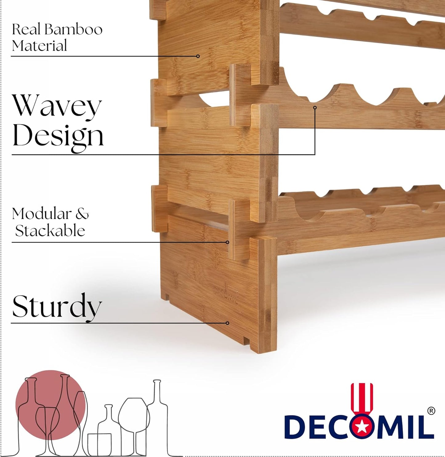 DECOMIL - 36 Bottle Large Wine Rack, Stackable & Modular Wine Storage Rack, Solid Bamboo Wine Holder Display Shelves, Wobble-Free (Four-Tier, 36 Bottle Capacity)