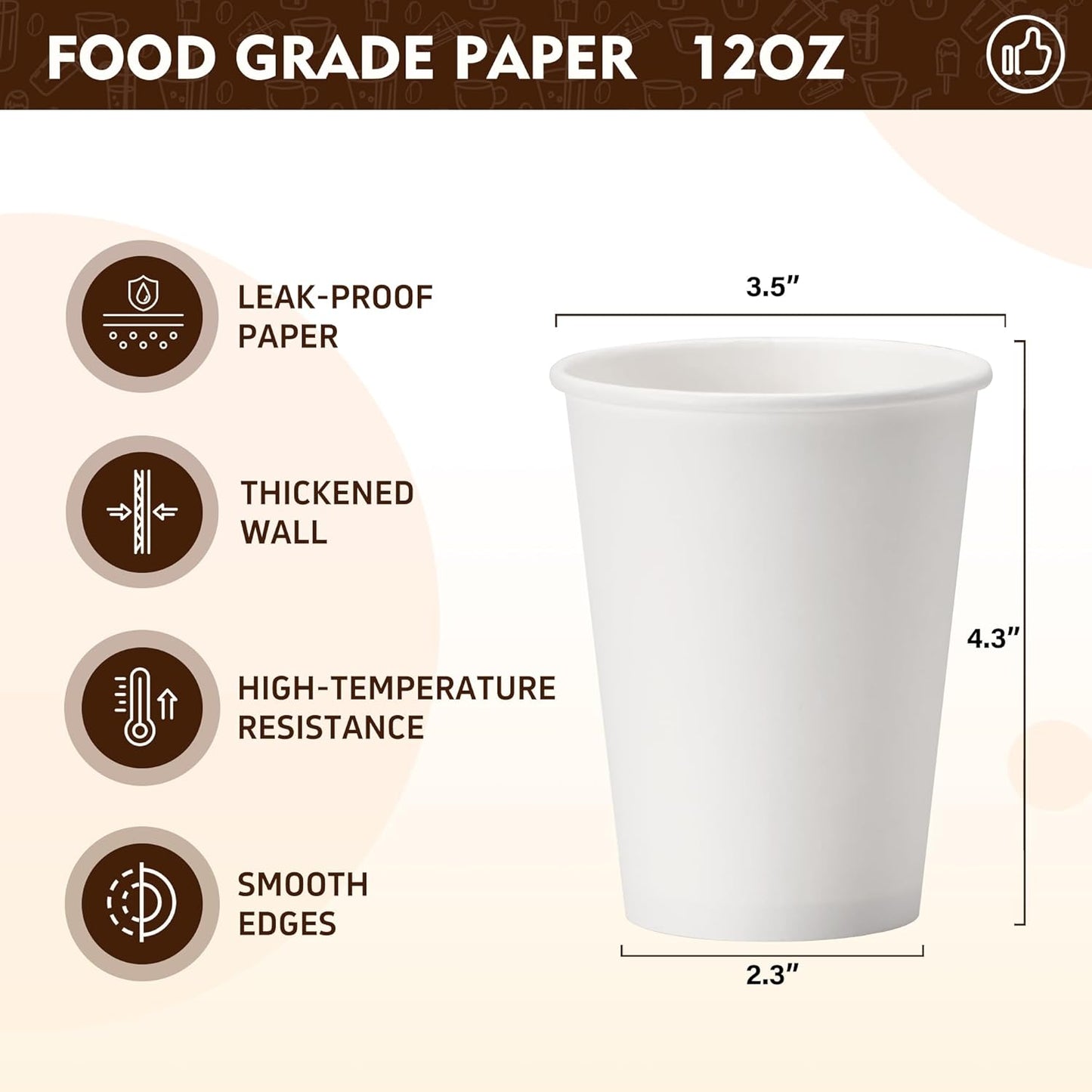 YEEHAW 12 oz 100 Pack Disposable Paper Coffee Cups, White To Go Hot Cups for Coffee, Hot Liquid, Chocolate, Juice, Hot Beverage Drinking Cup, Ideal for Cafes, Bistros, Businesses