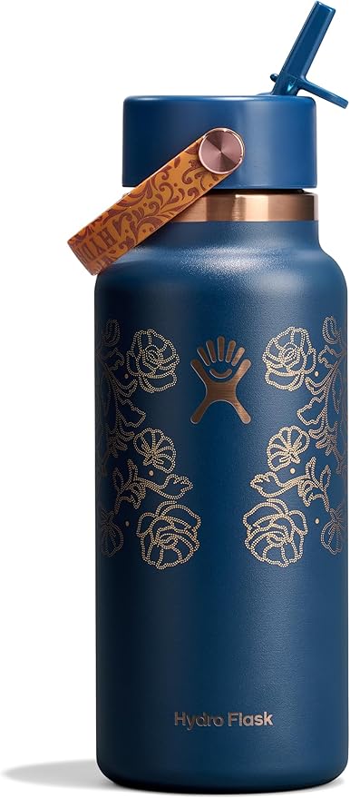 Hydro Flask Water Bottle - Insulated Stainless Steel - Wide Mouth Flex Straw Lid, Non Spill, Leakproof and Refillable in 32 Oz Western Dark Blue