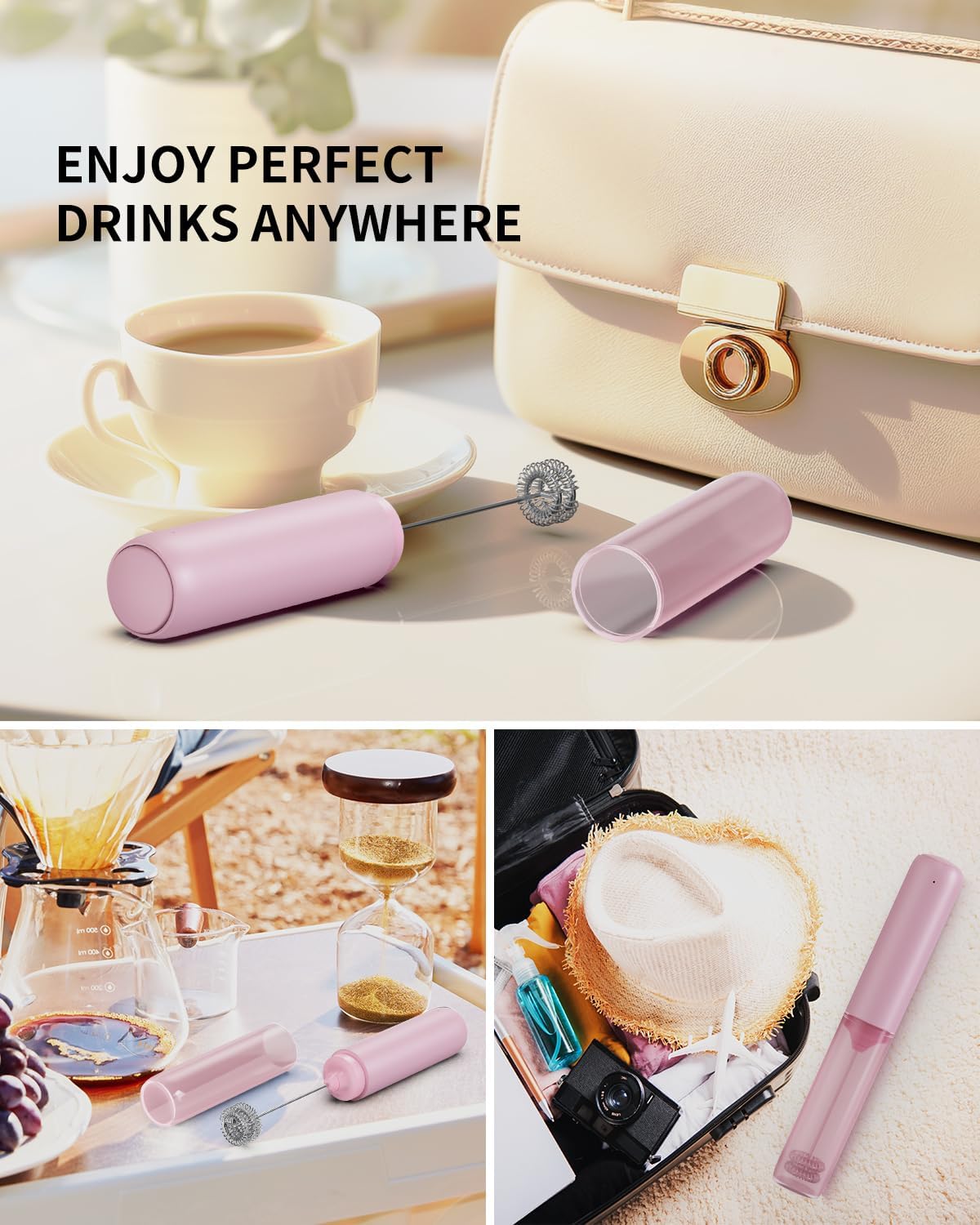 CIRCLE JOY Portable Rechargeable Milk Frother Hanheld, Dual Spring Whisk Electric Coffee Frother Wand Drink Mixer for Matcha Lattes Cappuccino, Kitchen Gifts, Pink