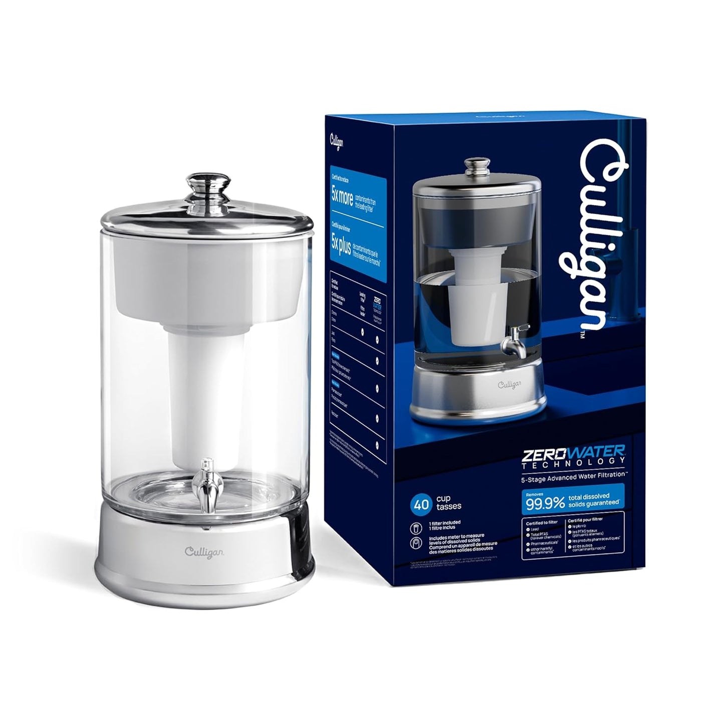 Culligan with ZeroWater Technology 40-Cup Glass Water Filter Dispenser – Includes 5-Stage Advanced Water Filter, Certified to Reduce Lead, Total PFAS (Forever Chemicals), Fluoride, and Chlorine