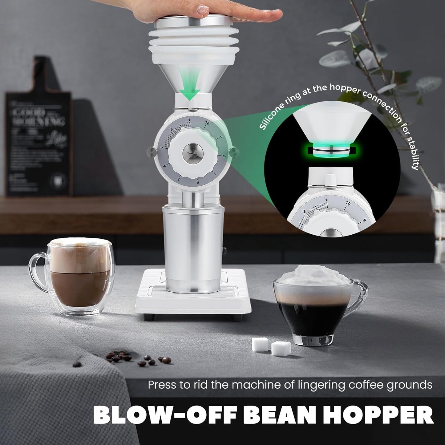 Huanyu Espresso Grinder with Titanium Flat Burr Electric Coffee Grinder with Hopper Bellows 10 Precise Grind Setting Coffee Grinders for Home Use White