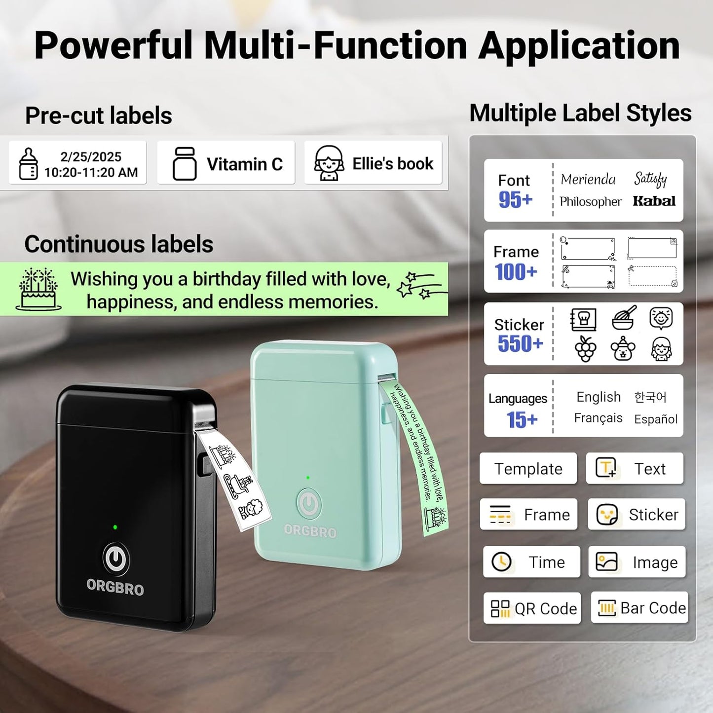 ORGBRO Label Maker Machine with Tape, X1 Portable Bluetooth Mini Label Printer, Support Pre-Cut & Continuous Label, Wireless Small Label Makers with Versatile App for School Home Office Organization