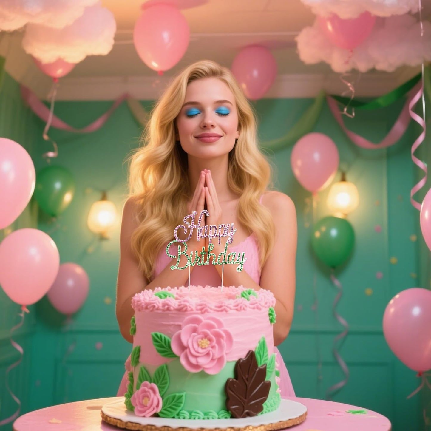 Jaciya Pink and Green Happy Birthday Cake Topper - Witch Themed Cake Decorations Green and Pink Party Supplies