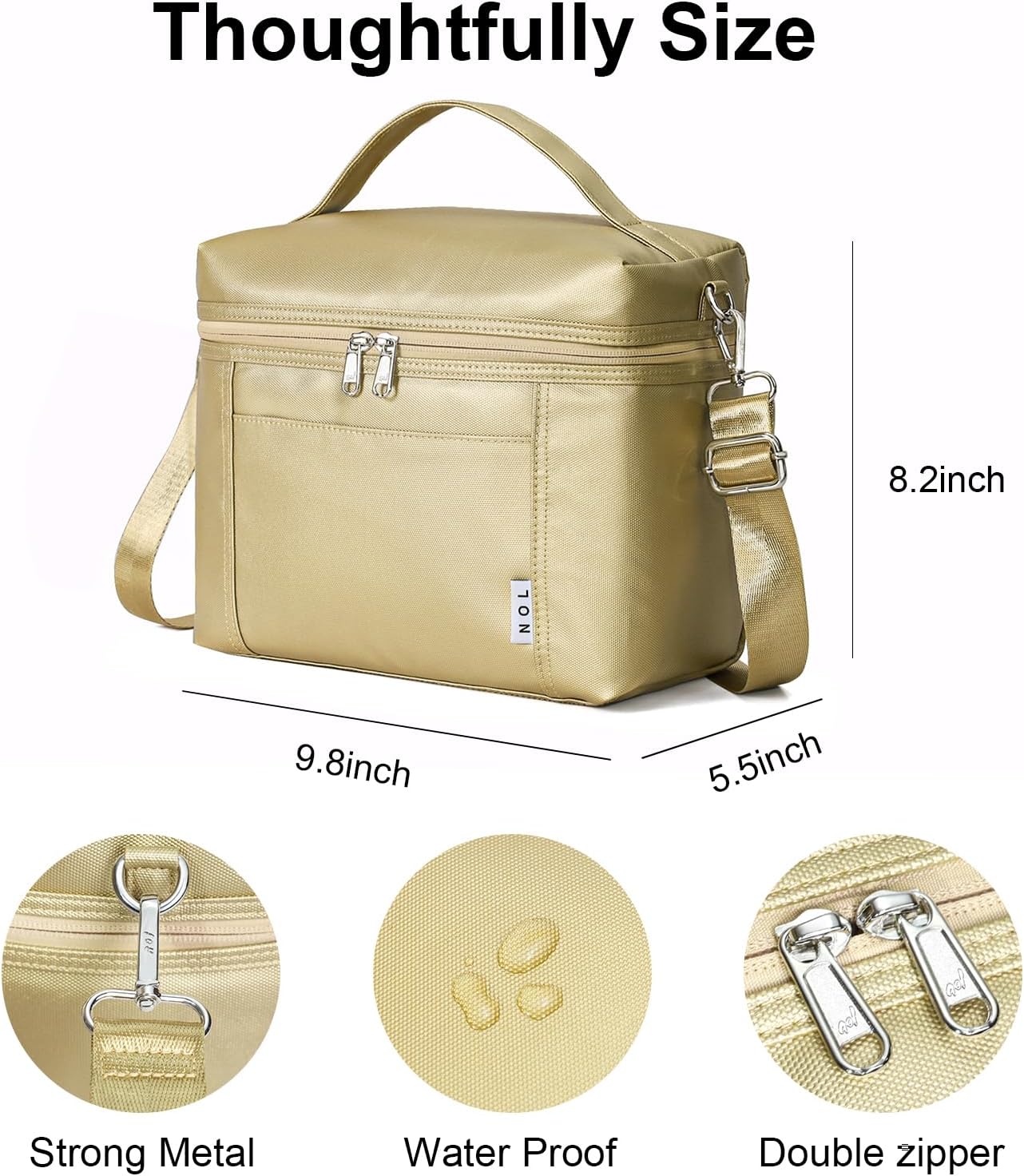 NOL Natural Organic Lifestyle Insulated Lunch Bags for Women Cooler Bag Lightweight Nylon Waterproof Lunch Box For Work (Gold, Medium(normal))