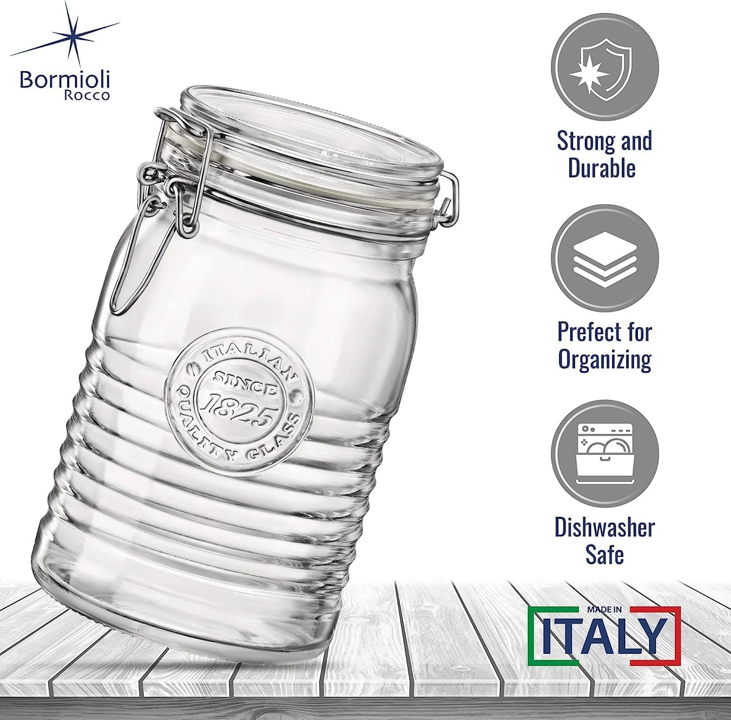 Bormioli Rocco Officina 1825, Set of 3 - Clear Glass Jars with Swing Top - Vintage Industrial Style Airtight Containers for Dry Food Storage, 33.75 Oz, 25.25 Oz, 17 Oz - Dishwasher Safe, Made in Italy