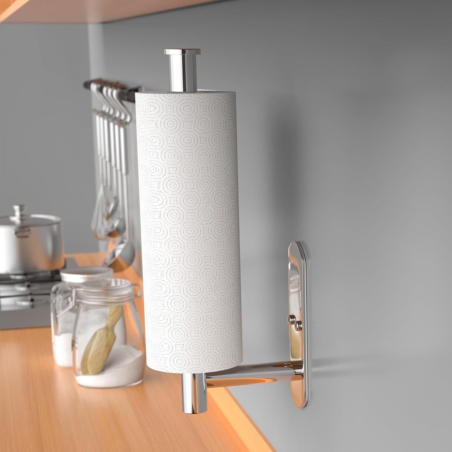 VAEHOLD Self Adhesive Paper Towel Holder Under Cabinet Mount, Wall Mounted Paper Towel Roll Holder for Kitchen, Bathroom, Wall - Stainless Steel (Bright Surface)