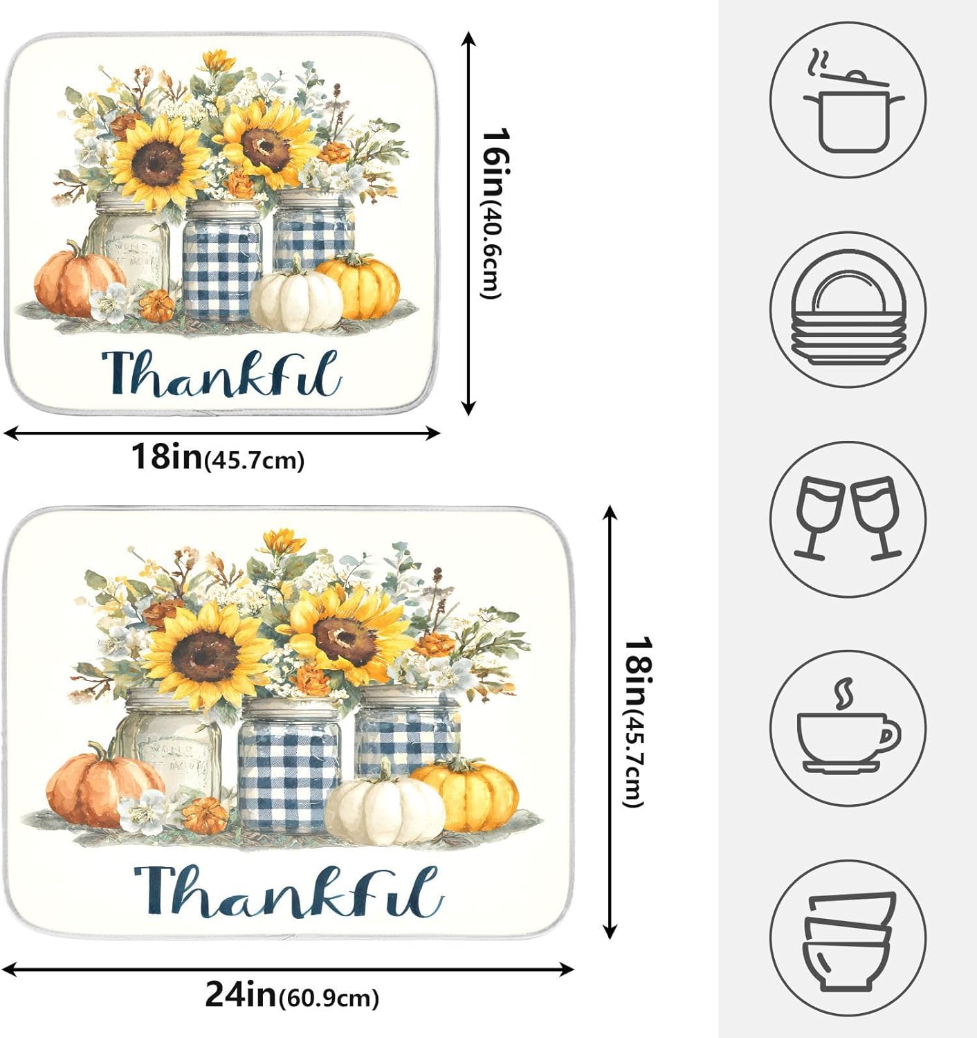Autumn Pumpkin and Sunflower Floral Vase Dish Drying Mat for Kitchen Counter Absorbent Microfiber Large Drying Pad Dish mats for Kitchen Countertops 18 x 24 Inch