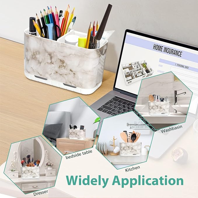 Boperzi Electric Toothbrush Holder for Bathroom Organizer Countertop, Detachable Anti-Slip Toothpaste Storage Caddy 6 Slots White Marble with Drainage Holes for Makeup Brush Razor Stand