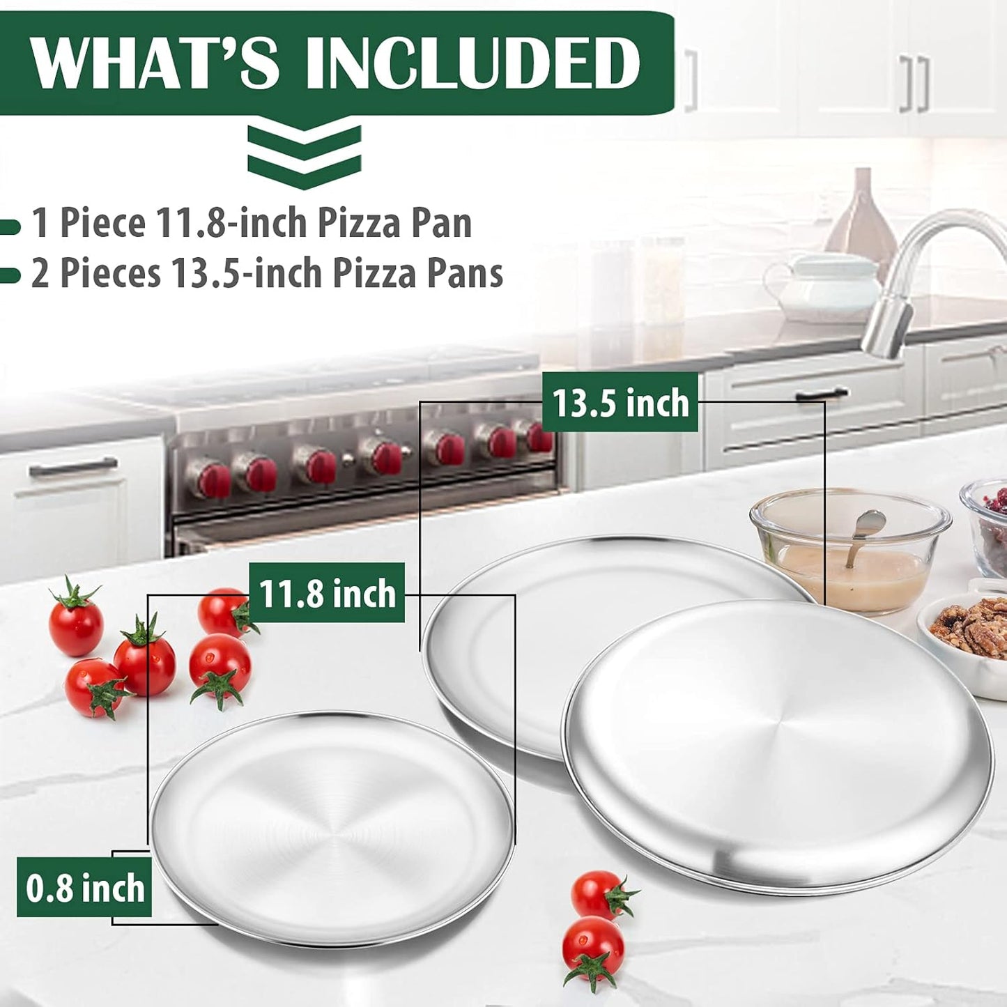 P&P CHEF 12 + 13.5 + 13.5 Inch Pizza Pan, 3 Pieces Stainless Steel Round Pizza Tray Dish Plate For Oven Baking Roasting, Healthy & Heavy Duty, Rust Free & Dishwasher Safe -Silver