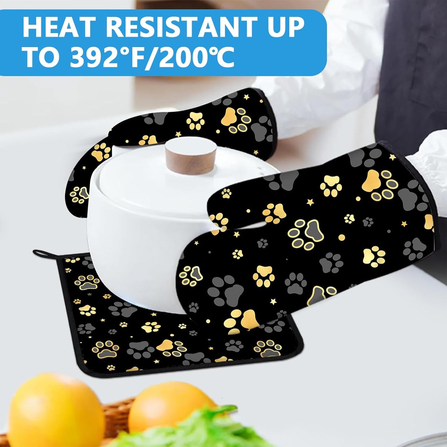 Gold Dog Paw Print Oven Mitts and Pot Holders Sets Heat Resistant 4Pcs Potholders Oven Gloves Hot Pads for Kitchen Baking Cooking Grilling BBQ