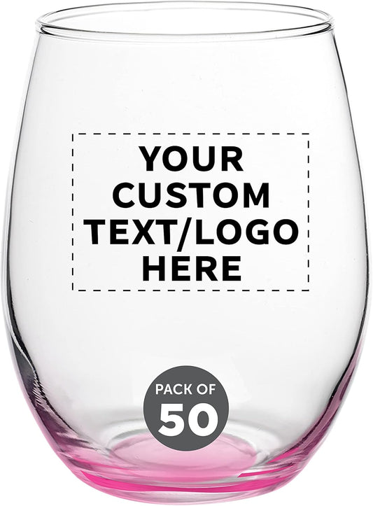 Custom Stemless Wine Glasses in Bulk by ARC Perfection, 15 oz, 50 pack, Personalized Text, Logo, Red or White Wine Glass Set, Pink
