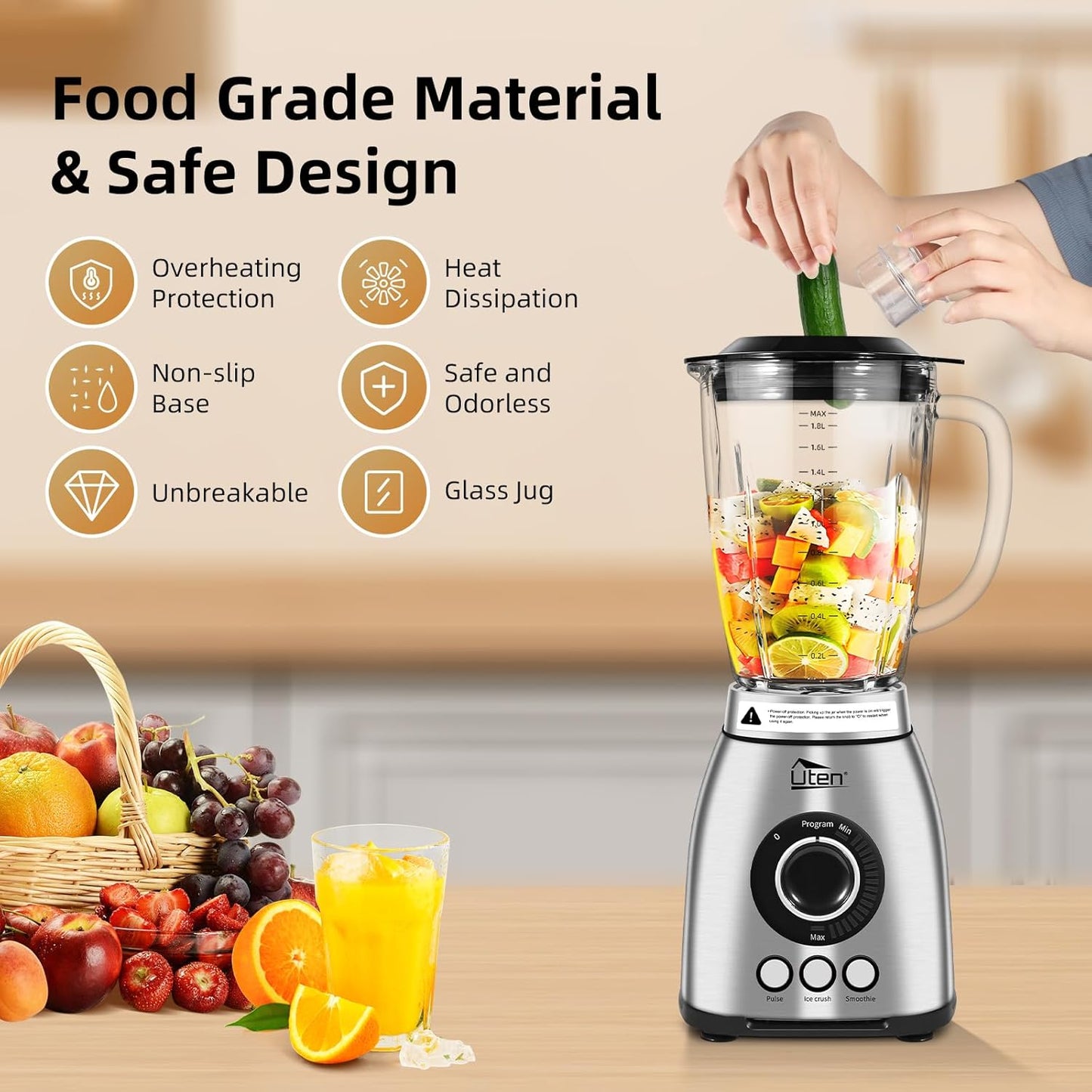 Uten 800 Watt Fast Countertop Blender for Smoothies and Shakes, Ground Coffee Beans, 60 Oz Glass Jar, 18 Speed Levels, 3 Programs Ice Crush, Smoothie, Pulse