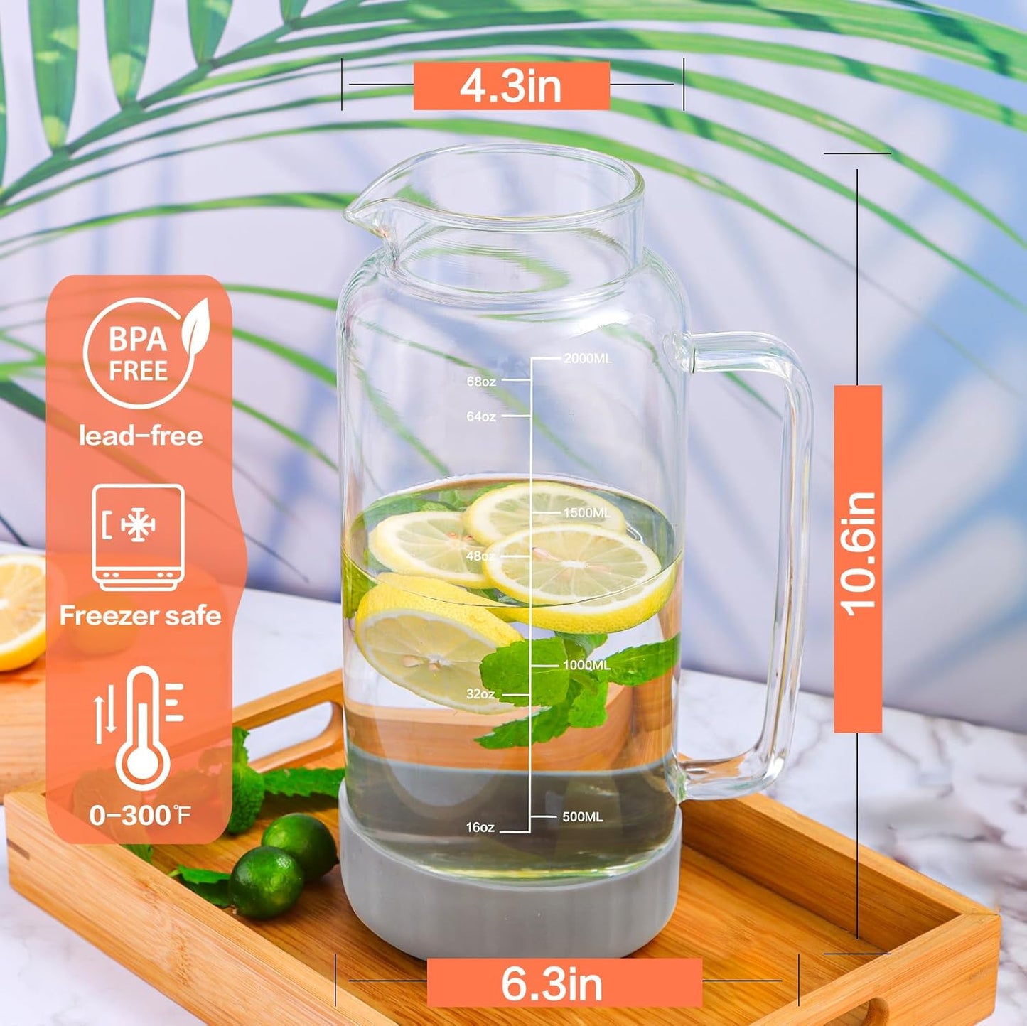 Aofmee 68oz Glass Pitcher with Lid, 2 Liter Water Carafe with Silicone Base and Precise Scale Line, Ice Tea Pitcher for Fridge, Anti-Slip Glass Jug for Sun Tea Juice Coffee Milk Beverage (Gray)