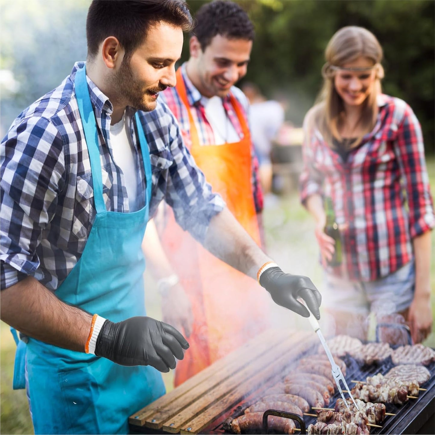 BBQ Gloves for Cooking Baking Grilling, 100 Count Disposable Nitrile Gloves and 4 Count Cotton Glove Liners Washable (6mil Nitrile, X-Large)