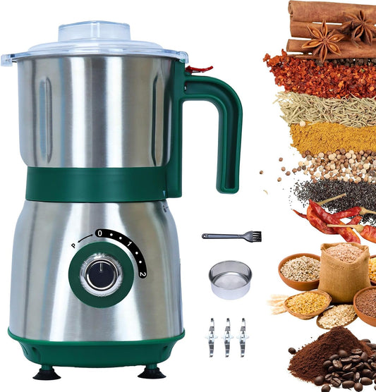 Versatile Kitchen Grinder | 500W Electric Mill | Grinds Spices, Nuts, Grains, Coffee | 3 Stainless Steel Blades | Wet & Dry Use (Green)