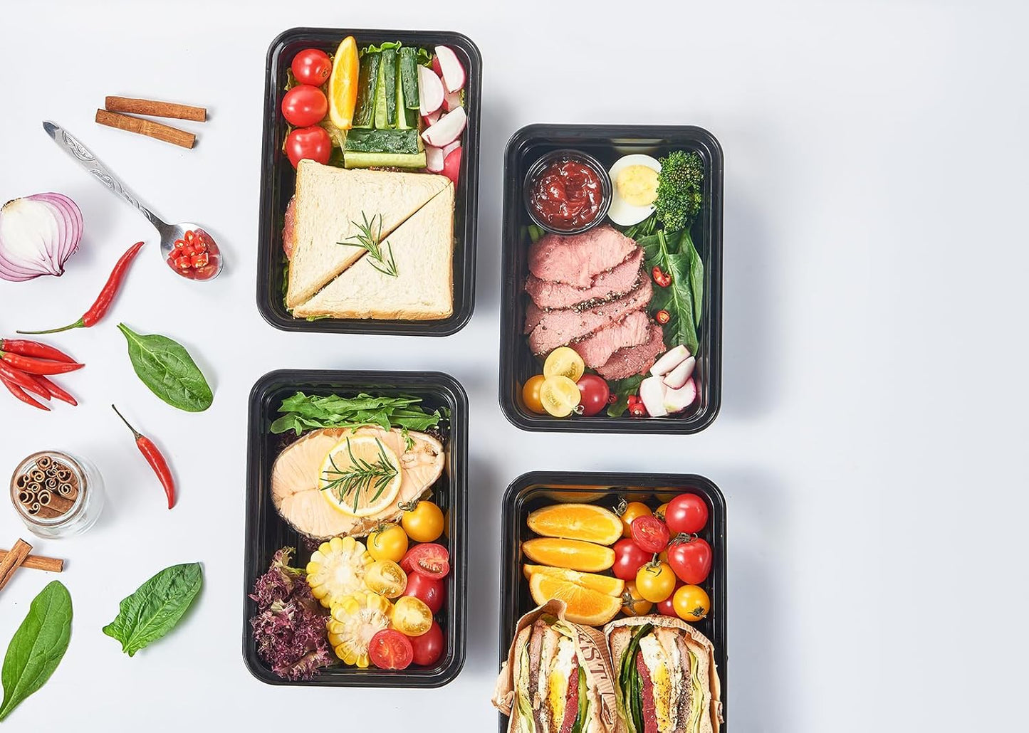 FULING 32 oz 50Pack Plastic Meal Prep Food Storage Containers with Lids Reusable 1 Compartment To Go Lunch Box Black Extra Large &Thick Microwave Freezer Dishwasher Safe BPA Free Stackable